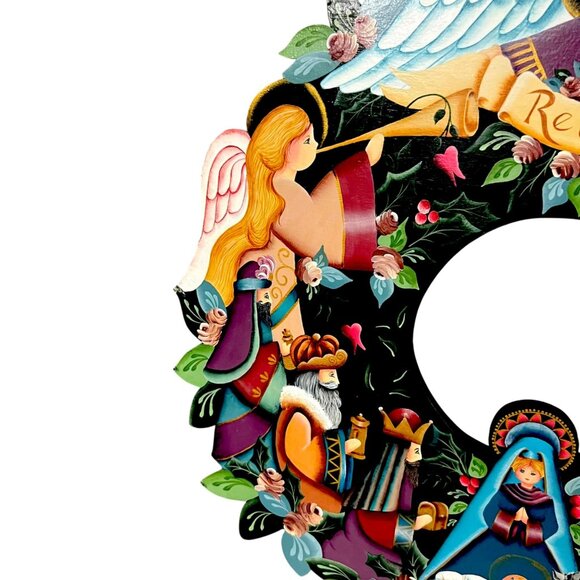 Hand-Painted Christmas Nativity‎ Scene Wooden Folk Art Wreath Wall Art - Picture 3 of 7